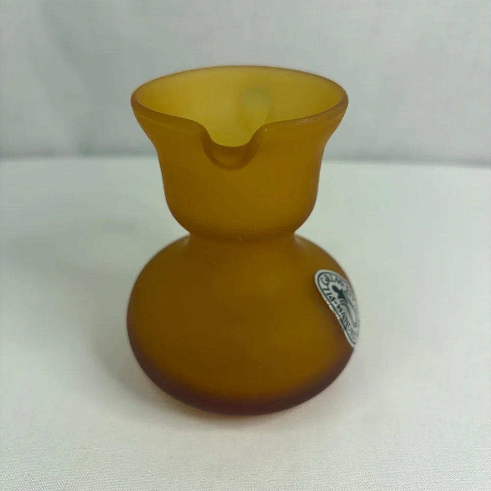 Vintage Hand Blown Pilgrim Satin Frosted Art Glass Amber Handle Mini Pitcher